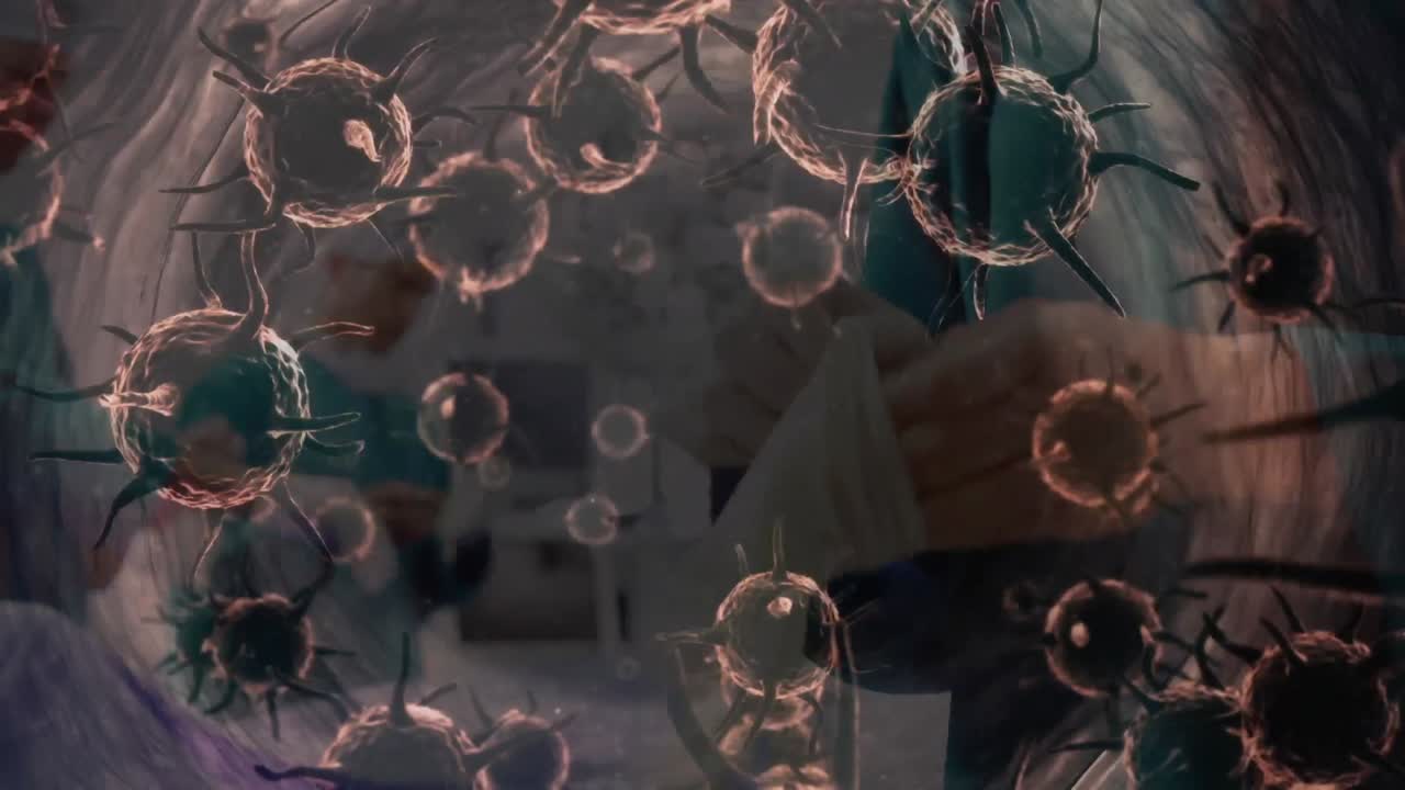 코로나19 세포가 얼굴 마스크를 입은 외과 의사 위에 떠다니는 애니메이션