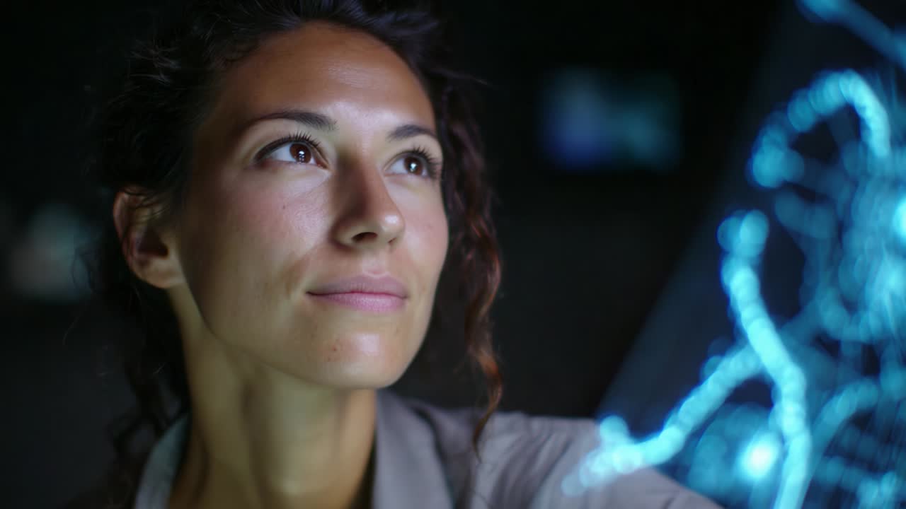 A Thoughtful Scientist Analyzing Genetic Data: Illuminated DNA Structures Reflecting Innovation and Curiosity in a Dark Laboratory Setting, Capturing the Essence of Modern Scientific Exploration