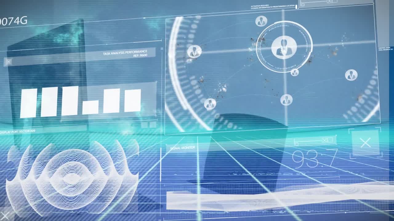 오픈 스페이스 오피스를 통해 디지털 스크린에서 다양한 데이터 처리의 애니메이션.