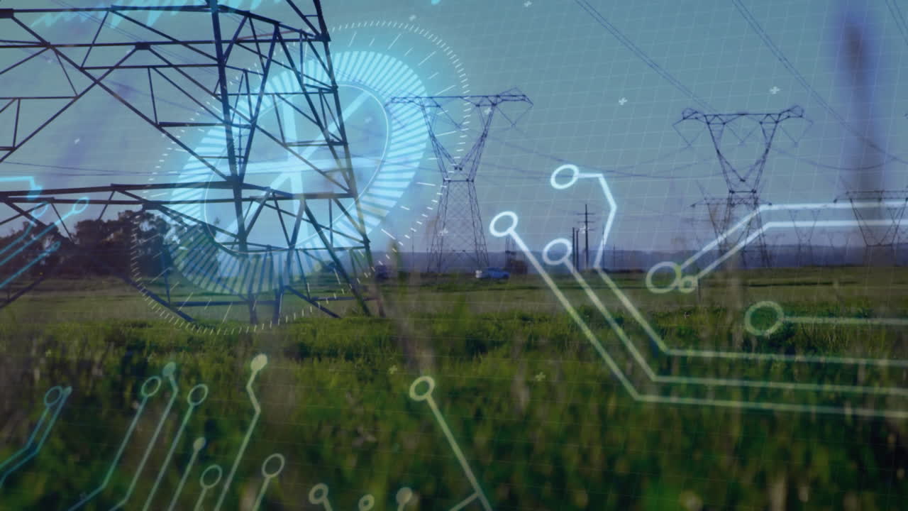 3D-rendered high-voltage transmission tower showing power lines over field, with circuit overlays