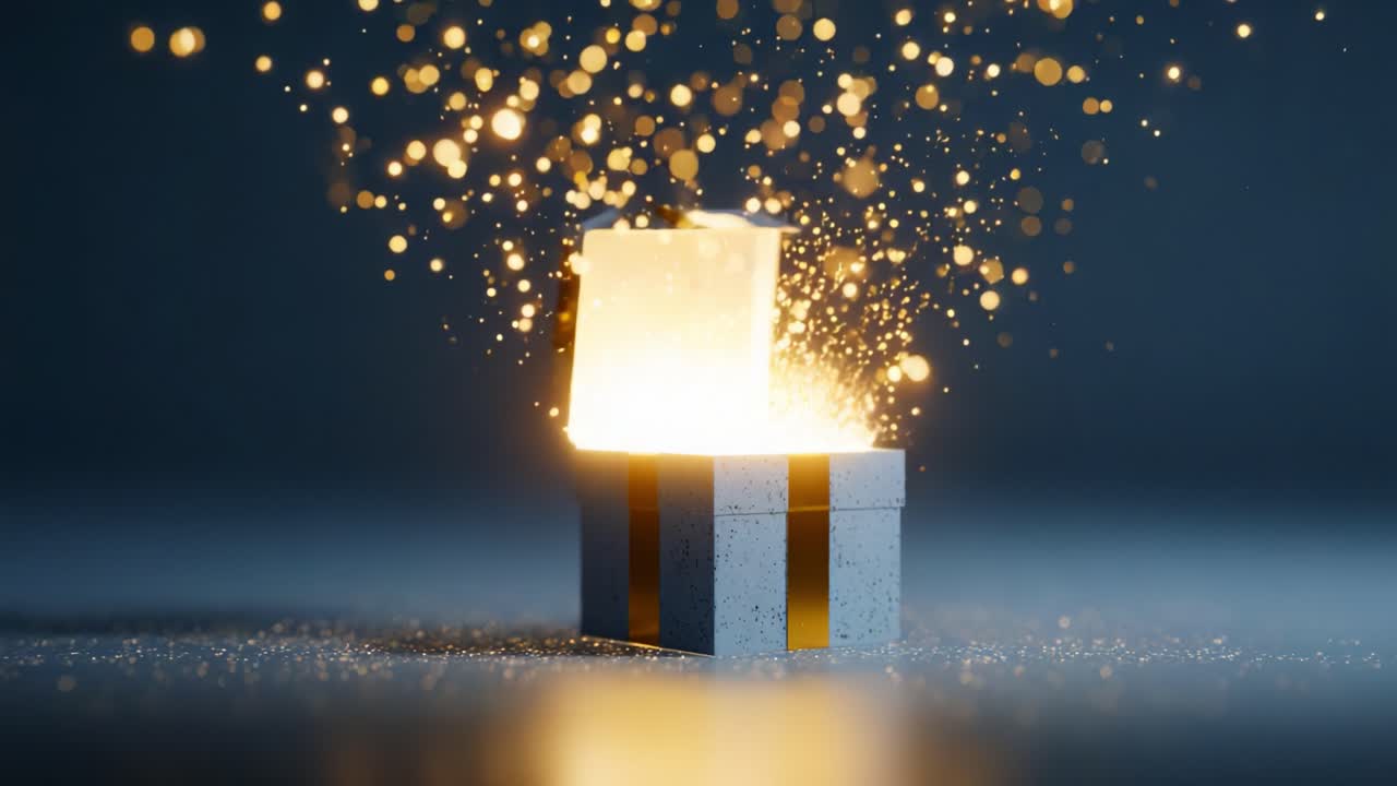 A mesmerizing gift box bursts open, releasing a cascade of shimmering particles and radiant lights, creating a magical atmosphere filled with wonder and anticipation