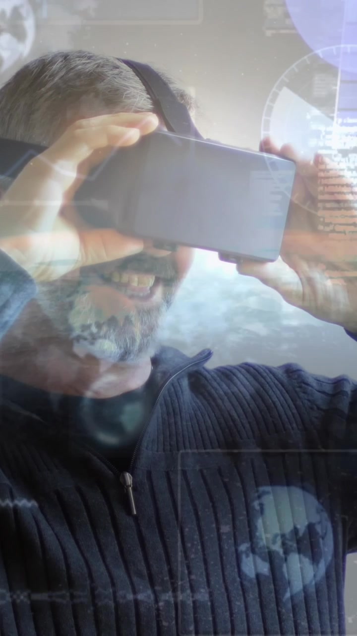Animaatio tiedonkäsittelyn ja tilastojen tallennuksen näytöistä virtuaalilasit päässä olevan miehen yllä.