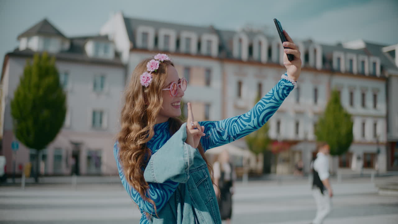 mujer tomando una selfie en una plaza de la ciudad
