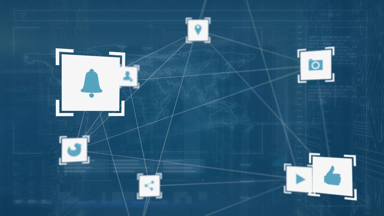 Animazione di una rete di connessioni con icone su elaborazione dati.