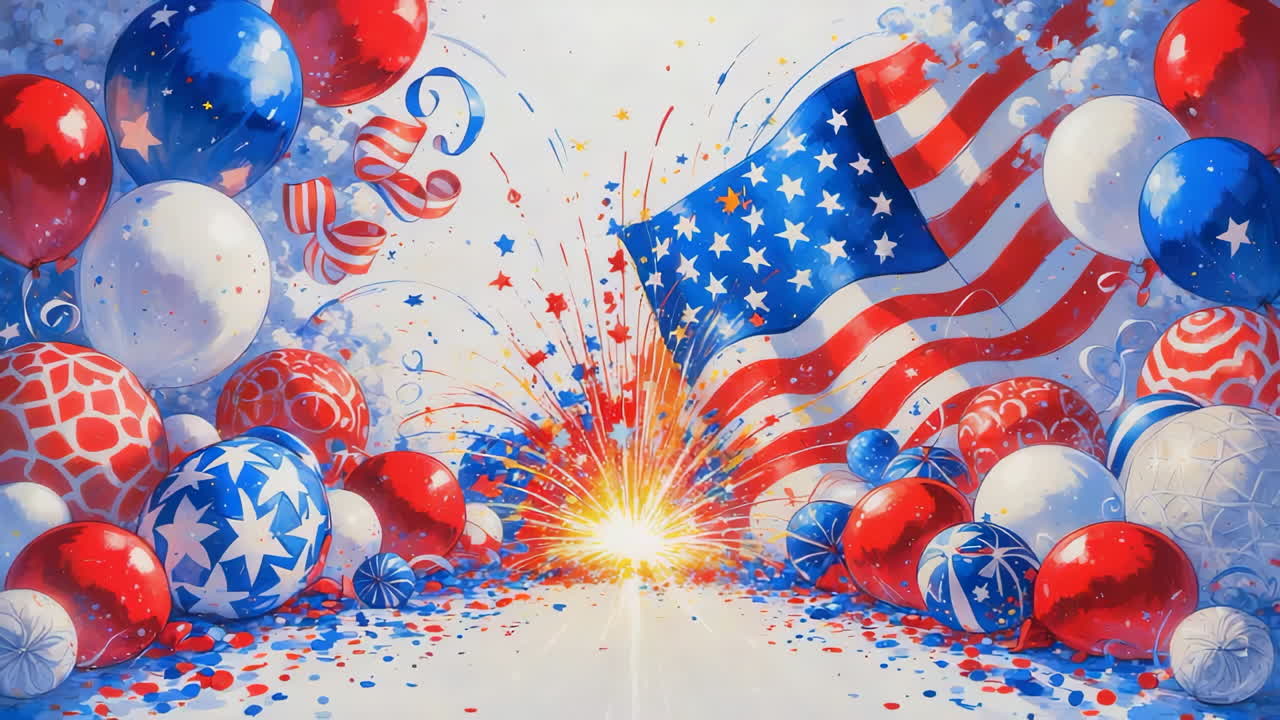 Patriotic American Flag Celebration with Fireworks and Balloons