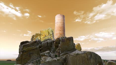 a tall stone pillar standing on a rocky hilltop