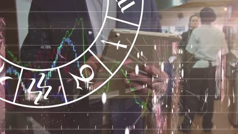 Animación-De-Los-Signos-Del-Zodíaco-Y-Procesamiento-De-Datos-Sobre-Diversos-Empresarios