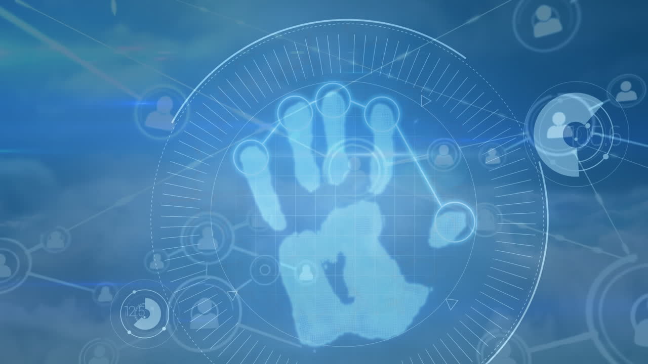 배경의 구름 위에 스코프와 손자국이 있는 연결 네트워크의 애니메이션.