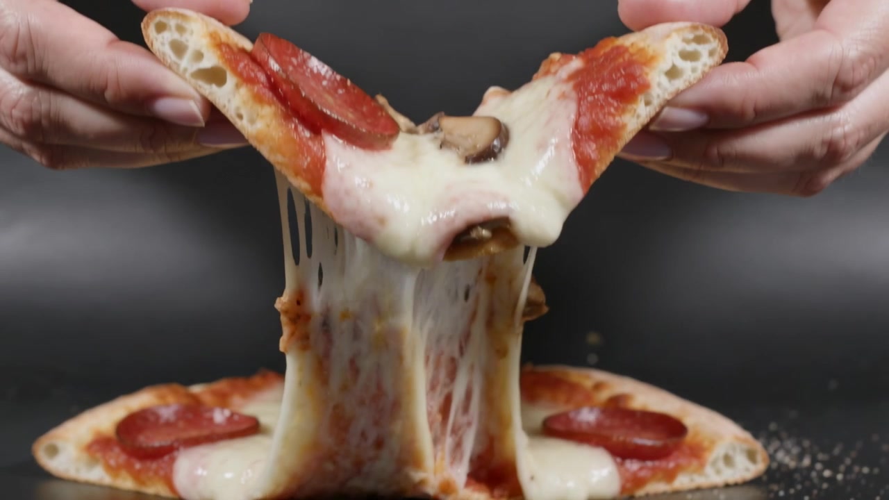 Un paio di mani che sollevano e tirano una fetta di pizza con pepperoni e funghi su un bancone da studio, mostrando l'effetto filante del formaggio.