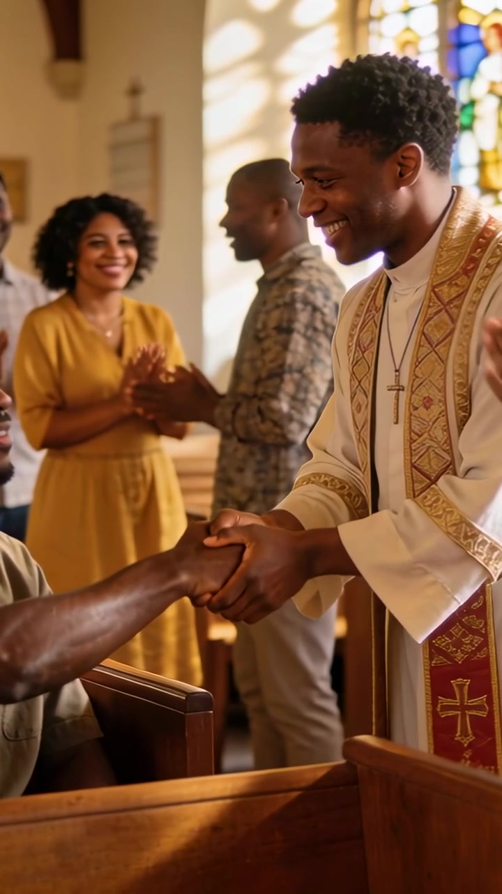Video verticale: Prete con stola che si china in avanti salutando un uomo seduto in chiesa, stringendogli la mano.
