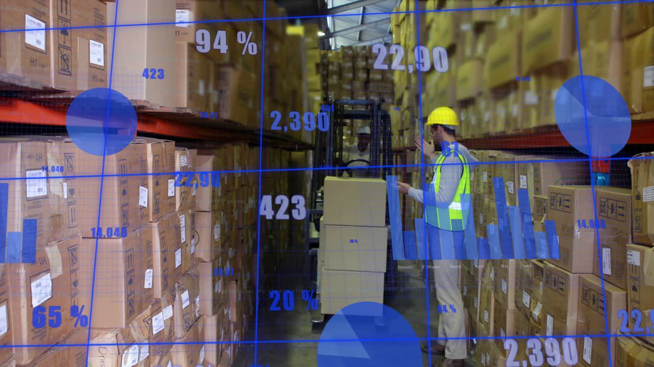 Warehouse worker scanning shelf labels in logistics aisle, with animated analytics guiding forklift