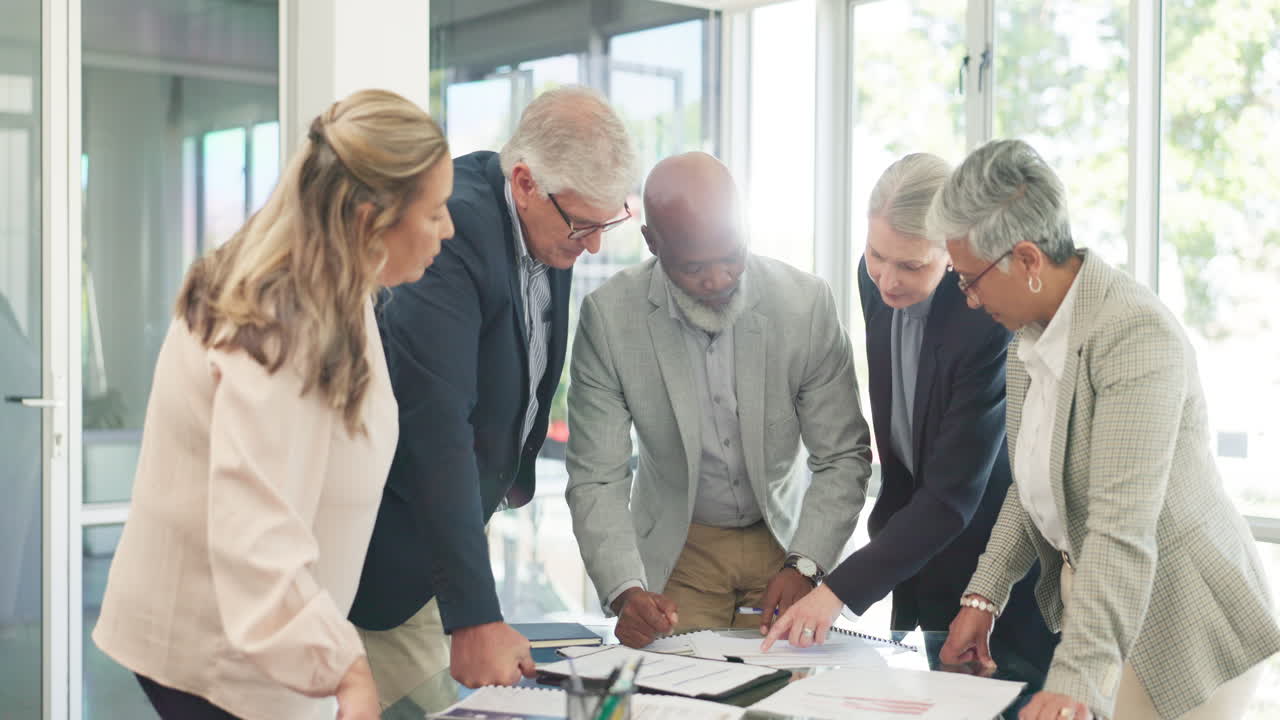 Teamwork, data and business people with documents