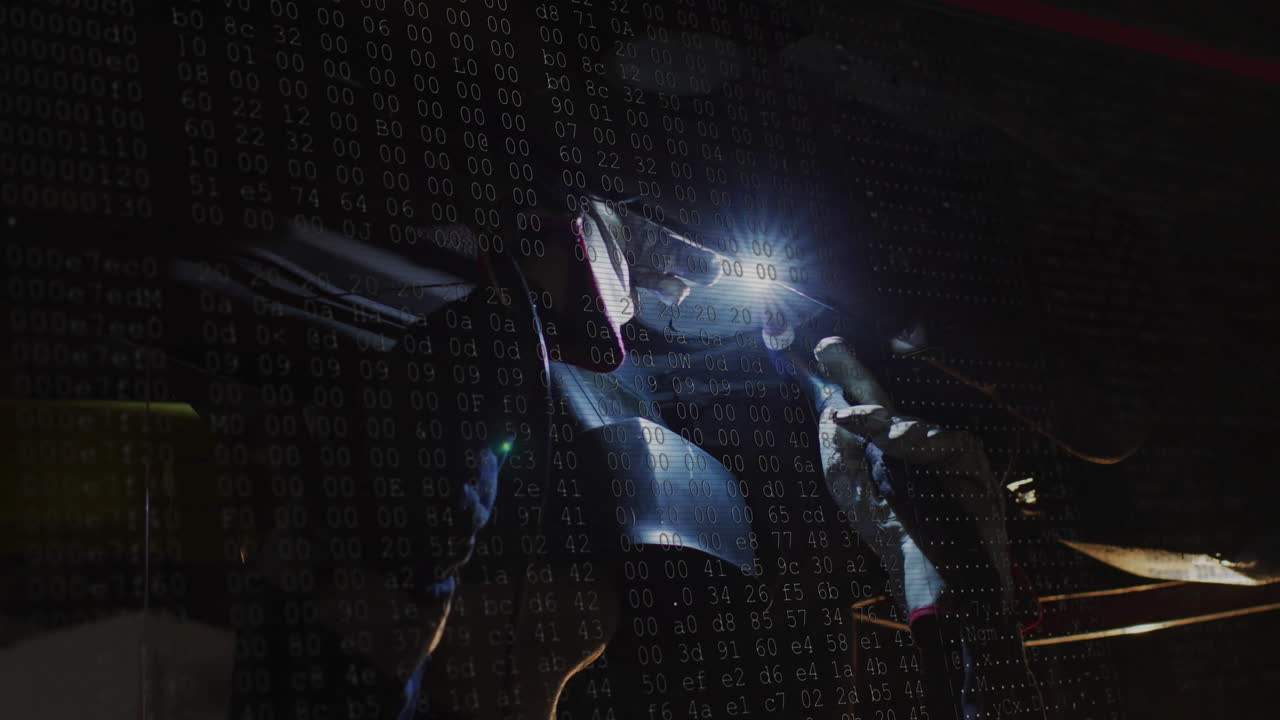 Welding with bright sparks and binary code animation in background