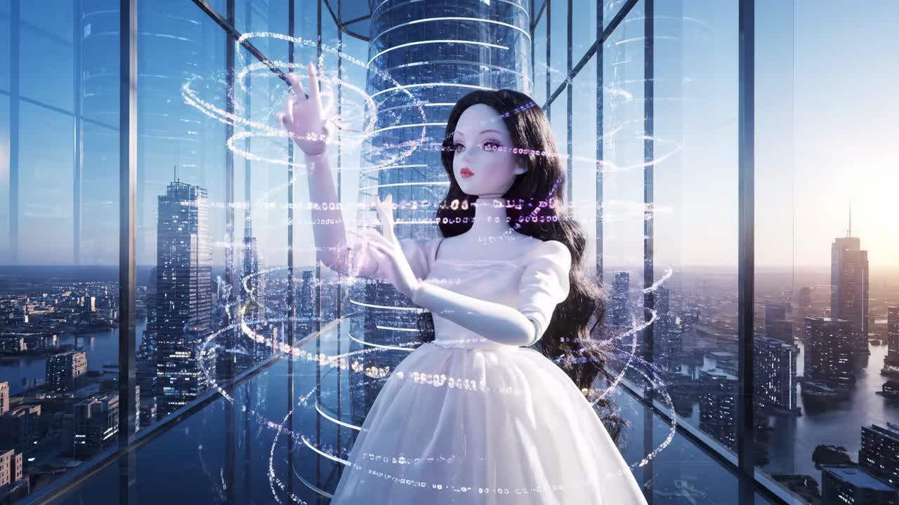 Futuristic Doll in a High-Tech Cityscape