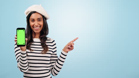 Pointing,-green-screen-and-woman-with-phone