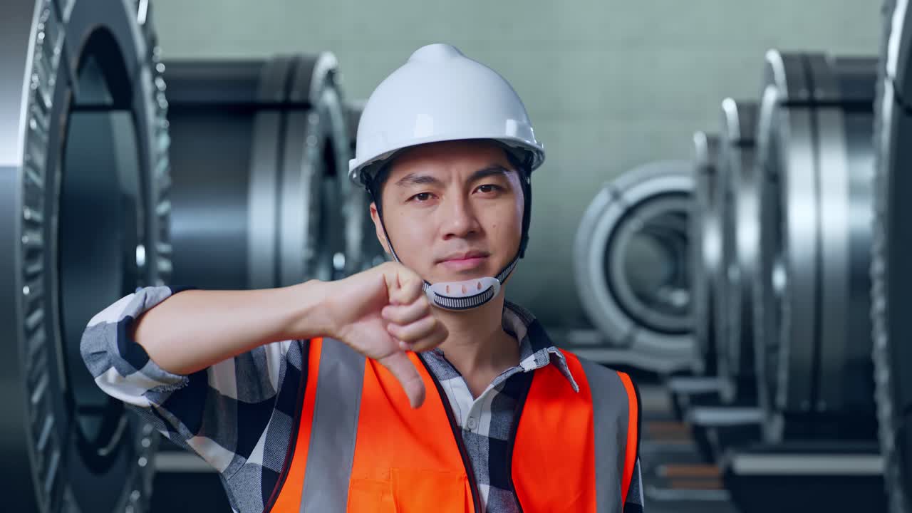 안전 헬을 착용한 아시아 남성 엔지니어가 엄지손가락을 내려놓고 머리를 흔들며 금속 공장에서 서 있습니다.