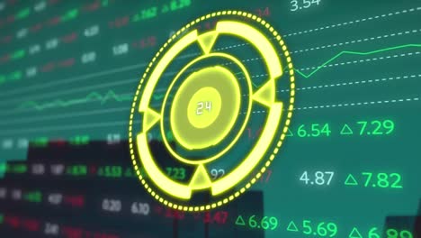 Animation-of-neon-round-scanner-spinning-over-stock-market-data-processing-on-green-background