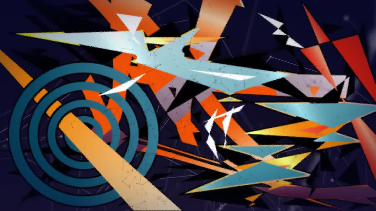 검은 바탕의 연결 네트워크에 대한 추상적인 다채로운 모양의 디지털 애니메이션