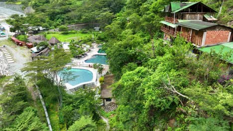 Aerial-fly-drone-view-of-hot-spring-Cocalmayo,-Santa-Teresa,-Peru,-Andes,-South-America-3