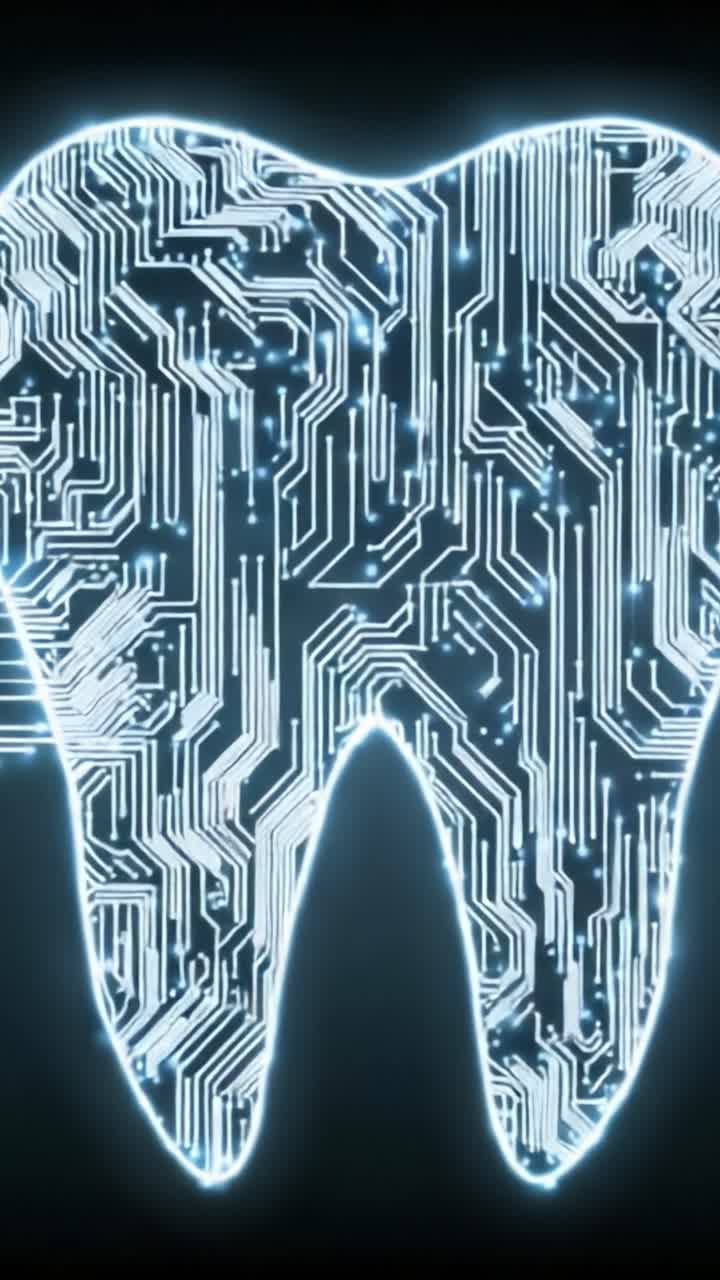 Tecnologia Odontológica Futurista: Uma Forma de Dente Brilhante Composta por Padrões de Circuitos Intrincados Representando Inovação em Saúde Bucal e Ciência Odontológica