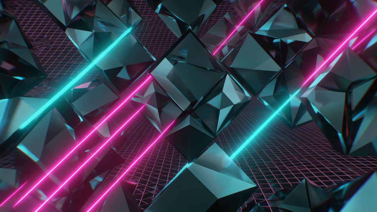 Abstract Geometric Shapes with Neon Lights Rotating on a Grid