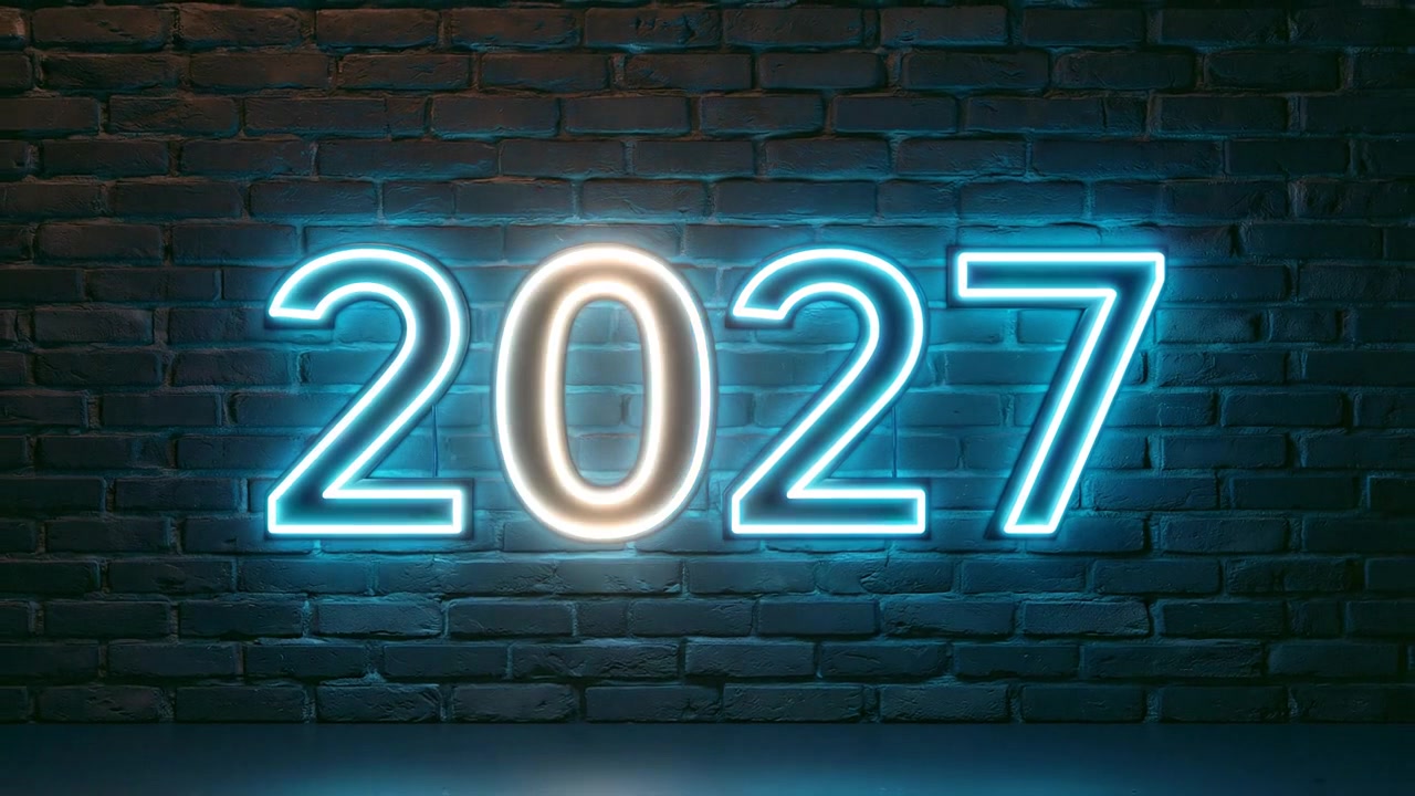 Neon 2027 Sign Fading Out on Dark Brick Wall