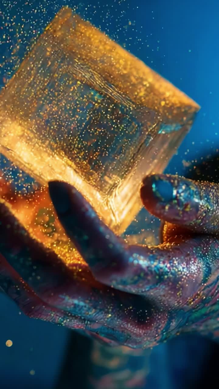 A glittering golden cube held delicately in a colorful hand, radiating sparkles and light, capturing the essence of creativity and artistry with vivid colors