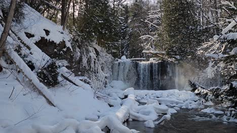 slow pan right view across snow covered woodland view of hogs falls with water cascading and flowing through stream