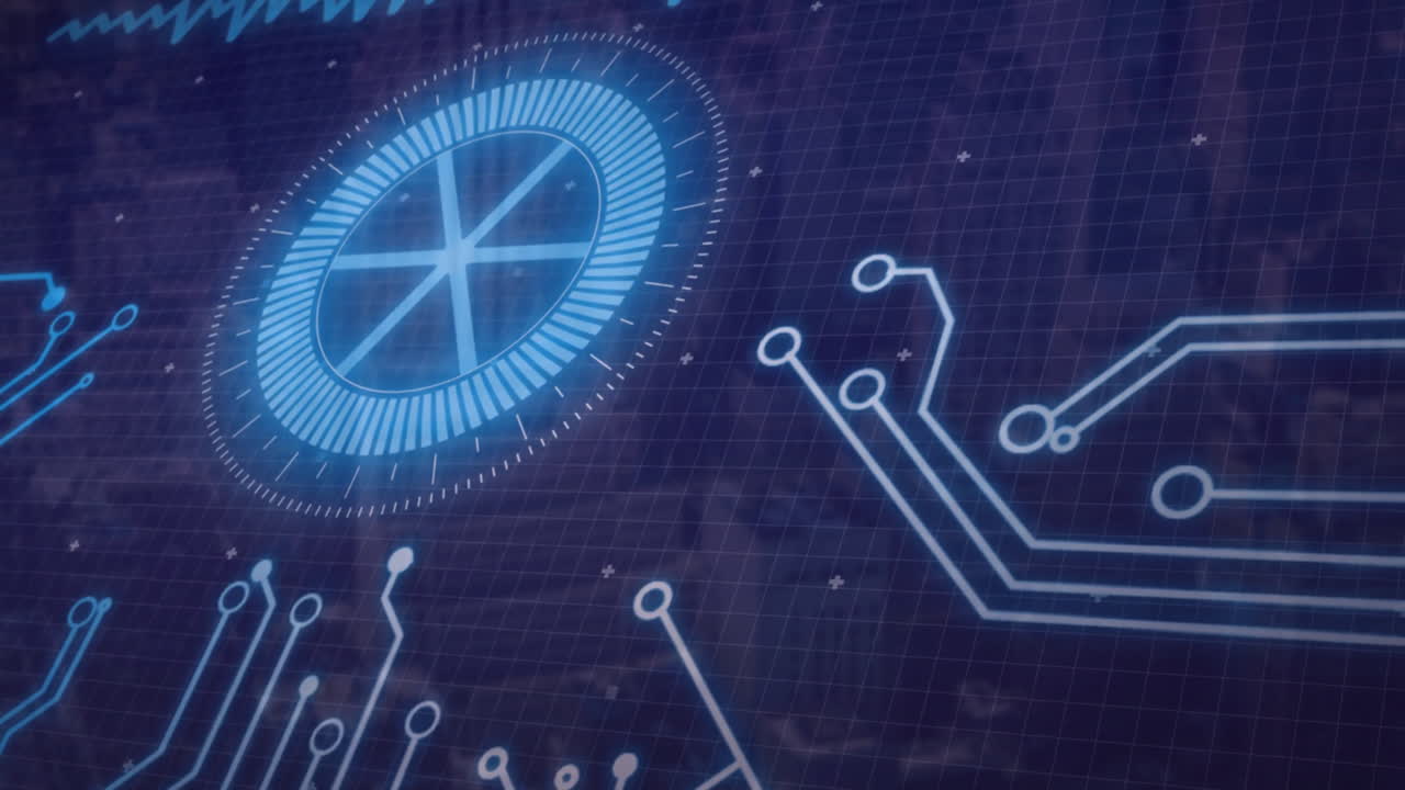 placa de circuito digital y animación de interfaz futurista sobre el fondo de la cuadrícula