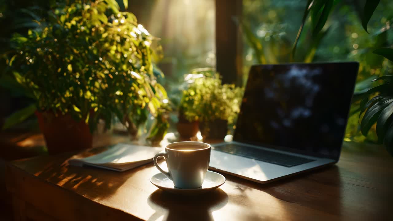 A Tranquil Workspace Scene Featuring a Cup of Coffee on a Wooden Table Surrounded by Lush Greenery and Natural Light, Ideal for Relaxation and Productivity Amidst Nature's Beauty