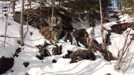 melting snow cover in a forest, zooming in on a waterfall surrounded by stone and snow melt