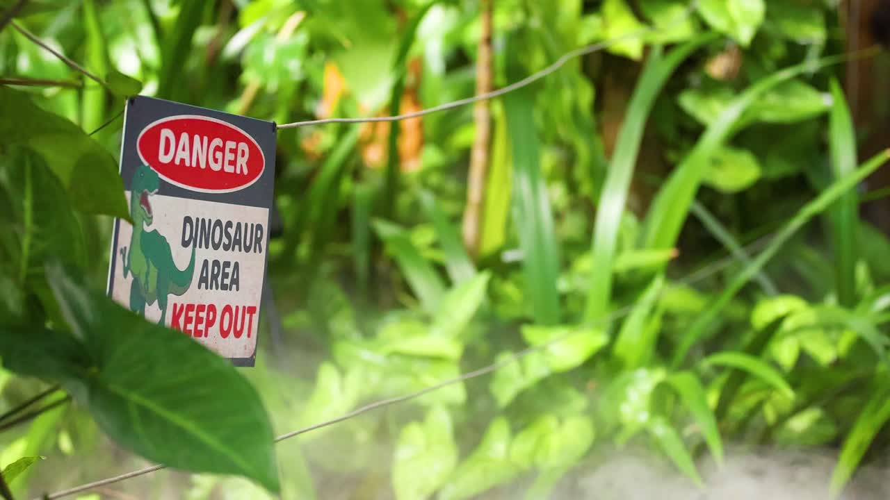 A warning sign in dense greenery cautions about a dinosaur area. Bright lighting enhances the vivid foliage