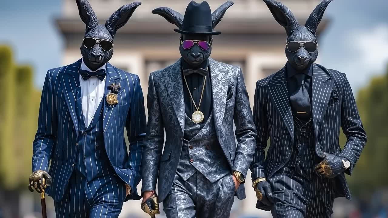 Three men in suits and bunny masks walking down a street
