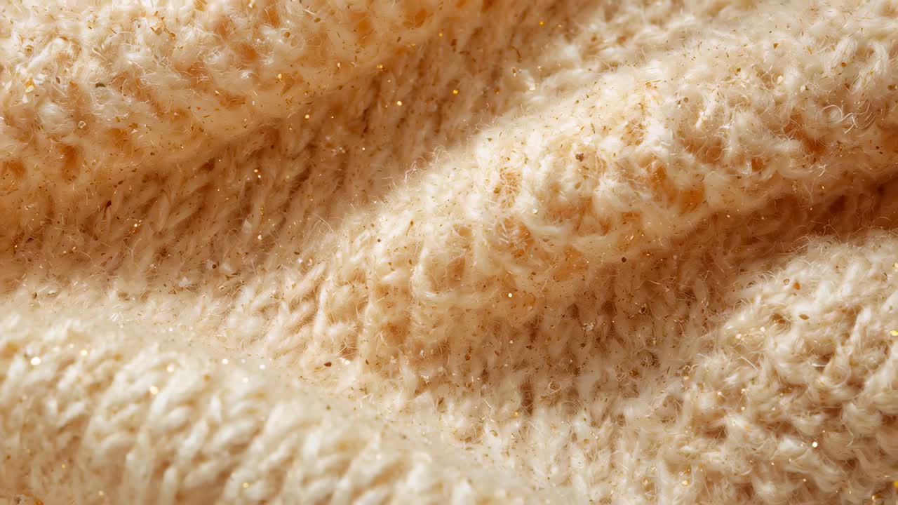 Panning macro camera capturing cream beige ribbed knit in studio, revealing specks, showing texture
