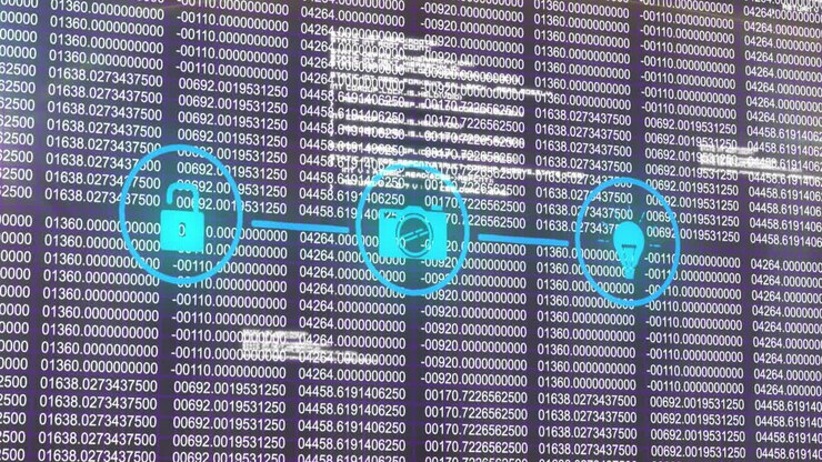 Animation of network of digital icons and data processing against blue background