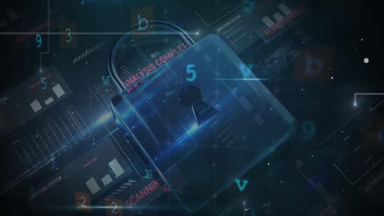 Animation of digital data processing and padlock on dark background