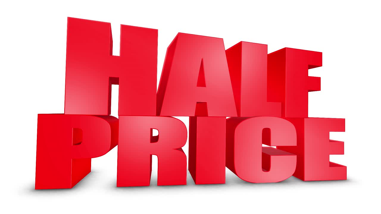 Half price 3d text on white alpha channel green screen advertising promotion discount offer sale 3d