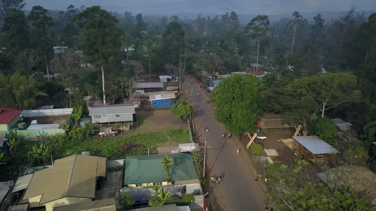 Aerial view of a village with trees and houses