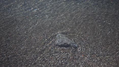 Crystal-Clear-Sea-Water-Rippling-Over-The-Small-Rock-On-The-Sand-By-The-Shore-In-Toronto,-Canada---Closeup-Shot