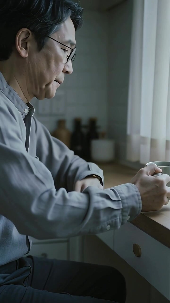 Vertical video: Holding mug, Asian man in gray shirt looking out window, pulling curtain at counter