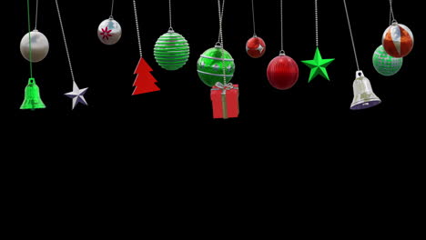 animation of christmas baubles on black background