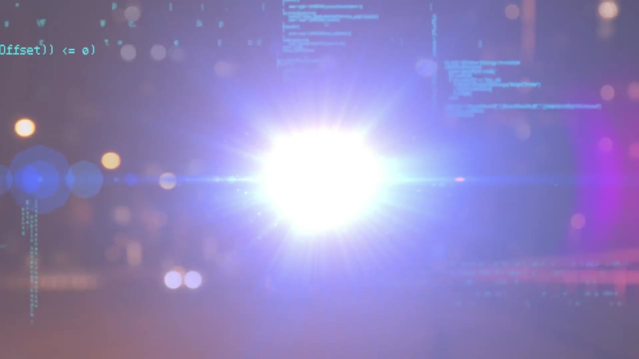 Animation of data processing over light trails and cityscape