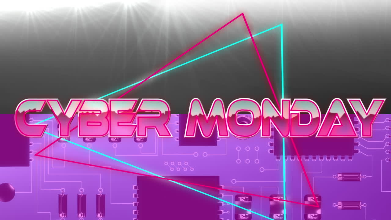 기하학적 모양과 프로세서 코어 위의 사이버 월요일 텍스트의 애니메이션