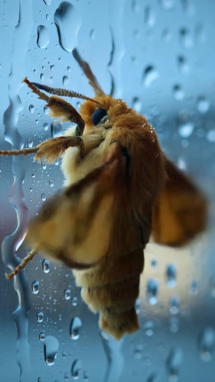Macro Shot of a Brown Moth on a Wet Window with Raindrops