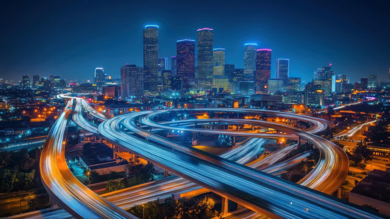 Aerial view of a vibrant cityscape at night with illuminated highways and skyscrapers, perfect