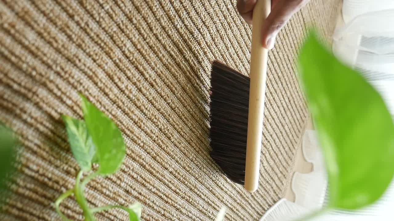 Cleaning carpet with brush