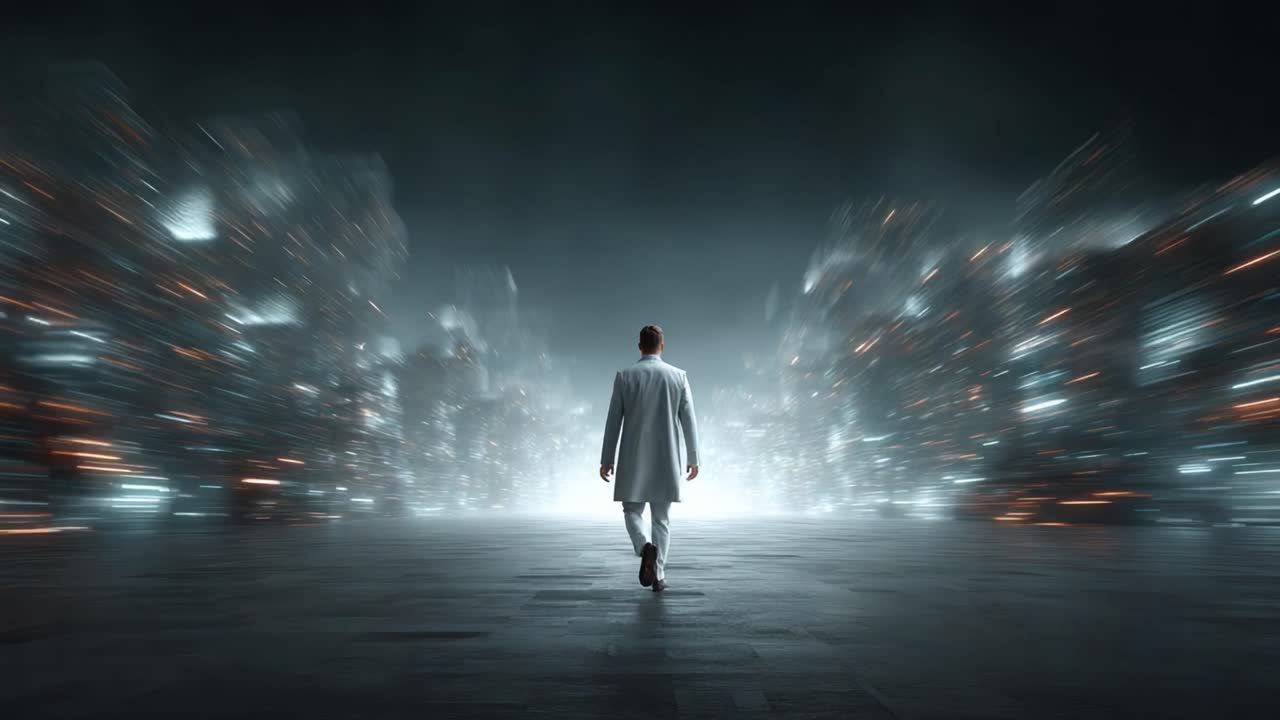 A Solitary Figure in a Futuristic Environment: Journey Through a Dimly Lit Urban Landscape Filled with Digital Lights and Shadows, Capturing the Essence of Isolation and Exploration