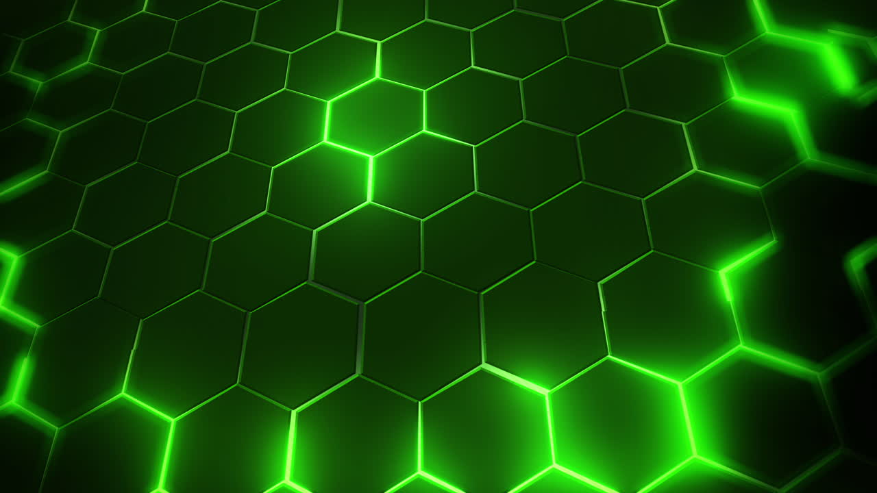 Glowing green hexagonal shapes. Abstract background with bright pulsating rays of light. Looped motion graphics.