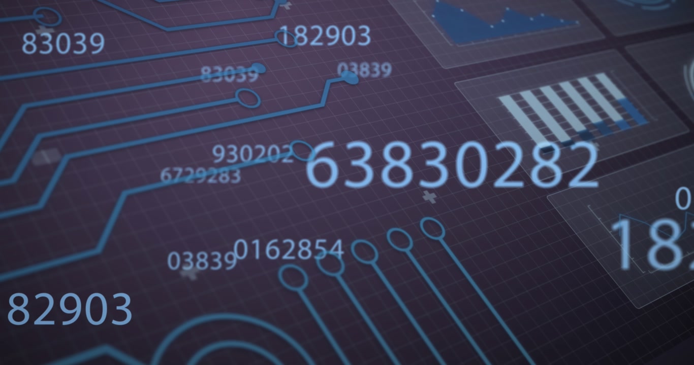 Animation of changing numbers and integrated circuit on violet background