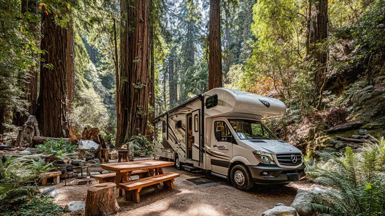 Serene Camping Experience: A Stylish RV Nestled Among Majestic Redwoods, Offering a Perfect Retreat Surrounded by Nature's Beauty and Tranquility